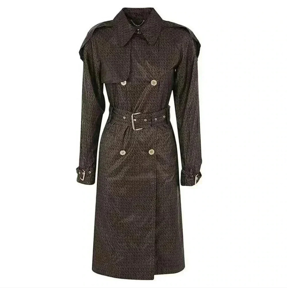Michael Kors Logo Print Satin Ciré Trench Coat Chocolate/Brown $355 N